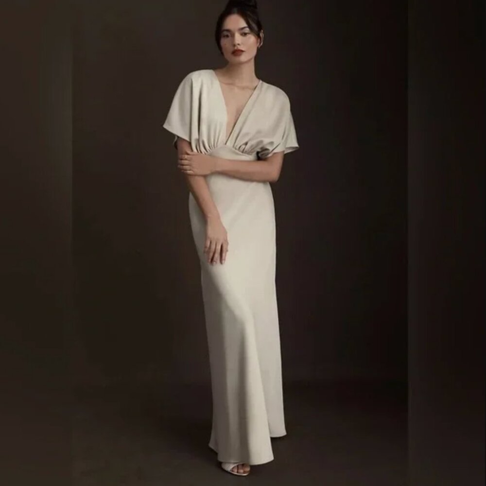 Bhldn Leila Deep-V Flutter-Sleeve Satin A-Line Go… - image 1
